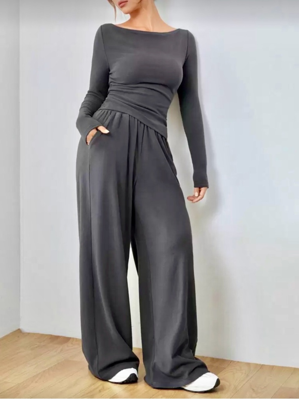 SHEIN Charcoal Gray Wide-Leg Long-Sleeve Jumpsuit